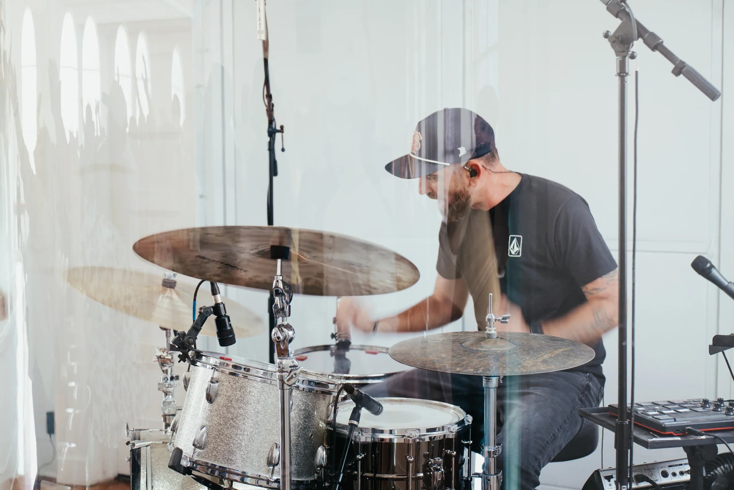 A Harbour Church drummer playing during worship